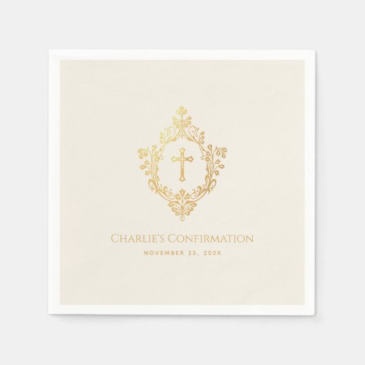 確認フェイク金ゴールドクロスクレストアイボリー宗教 スタンダードカクテルナプキン (正面)