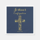 確認ブルー金ゴールドクロスネーム男の子ナプキンス スタンダードカクテルナプキン (正面)