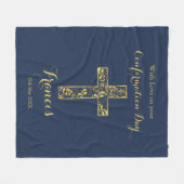 確認ブルー金ゴールドクロスボーイズ フリースブランケット (正面(横))