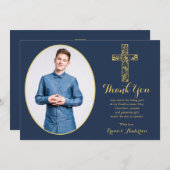 確認ブルー金ゴールドクロスボーイフォトサンキュー サンキューカード (正面/裏面)
