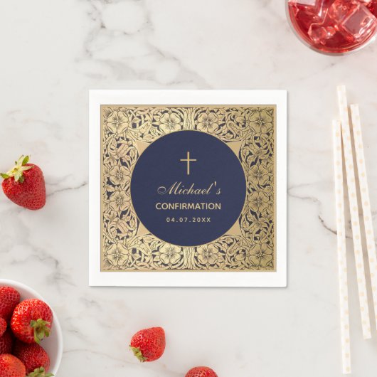 確認ヴィンテージエレガント金ゴールドバラネイビーブルー スタンダードカクテルナプキン (インサイチュ)