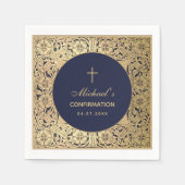 確認ヴィンテージエレガント金ゴールドバラネイビーブルー スタンダードカクテルナプキン (正面)