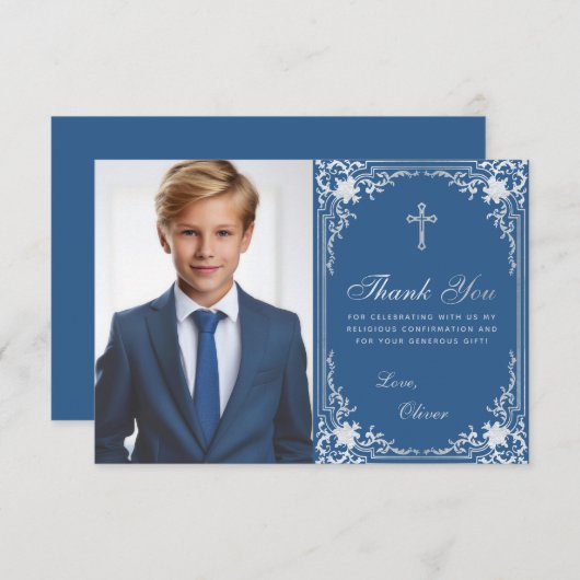 確認ヴィンテージクラシックブルーシルバーボーイフォト サンキューカード (正面/裏面)