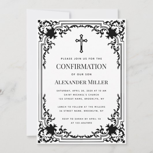 確認ヴィンテージブラック&ホワイト宗教十字架 招待状 (正面)