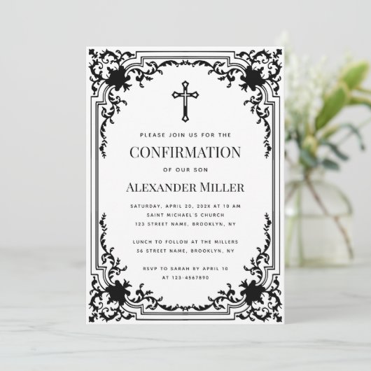 確認ヴィンテージブラック&ホワイト宗教十字架 招待状 (スタンド正面)