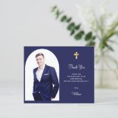 確認写真少年ネイビーブルーサンキューカード (スタンド正面)