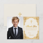 確認写真 ヴィンテージ風 ゴールド 十字架 & アイボリー サンキューカード (正面/裏面)