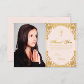 確認女子フォトピンク金ゴールドヴィンテージクロス サンキューカード (正面/裏面)