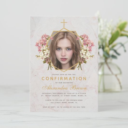 確認少女の写真フローラピンクオーキンスマーブル 招待状 (スタンド正面)