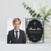 確認少年写真ブラックエレガントヴィンテージクロス サンキューカード (スタンド正面)