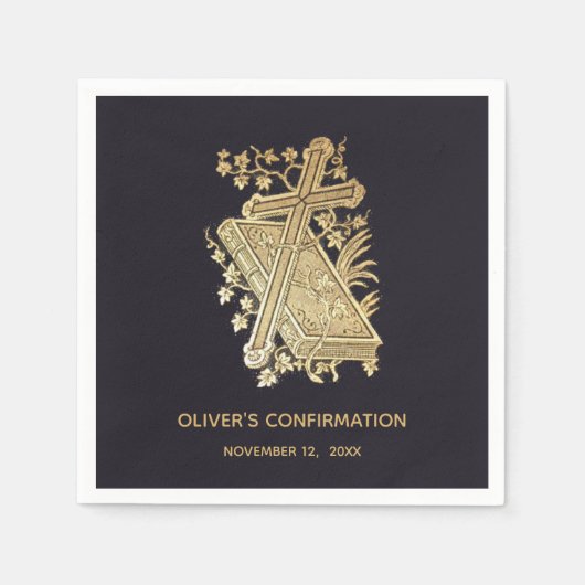 確認少年金ゴールドクロスブックヴィンテージブラック スタンダードカクテルナプキン (正面)