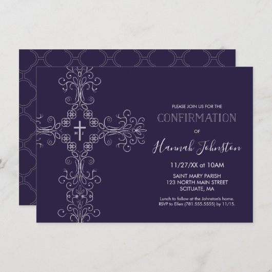 確認招待状、クロス、モノグラム；男の子または女の子 招待状 (正面/裏面)