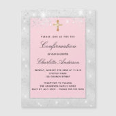 確認用シルバーピンクグリッタースクリプトラグジュアリー マグネット招待状 (正面)