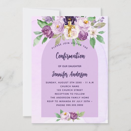 確認紫の花が女の子を交差 招待状 (正面)
