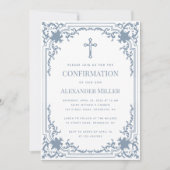 確認 ダスティーブルー少年写真 エレガント ヴィンテージ 招待状 (正面)