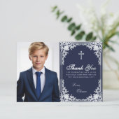 確認 ネイビーブルー シルバー ヴィンテージ 少年の写真 サンキューカード (スタンド正面)