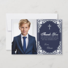 確認 ネイビーブルー シルバー ヴィンテージ 少年の写真 サンキューカード