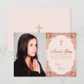 確認 ピンク ローズゴールド ガール フォト エレガント サンキューカード (正面/裏面)