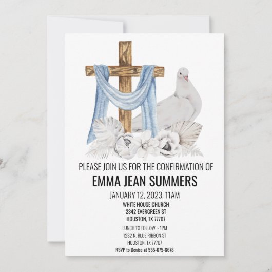 確認 祝賀 水彩 ハト 十字架 招待状 (正面)