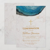 確認 青いジオード 大理石 ゴールド 十字架 男の子 招待状 (正面/裏面)