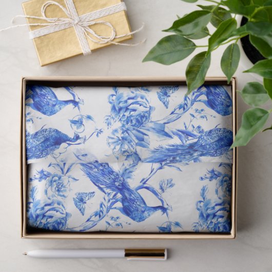 磁器の青いピーコックスのデコページ 薄葉紙 (ギフト)