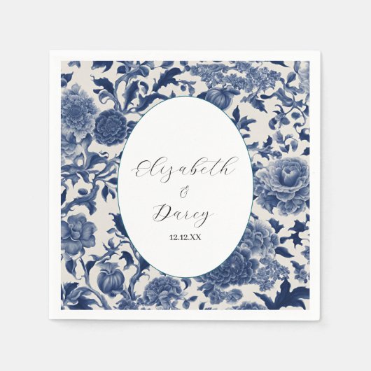 磁器エレガンス：青いフローラ結婚ズ スタンダードカクテルナプキン (正面)