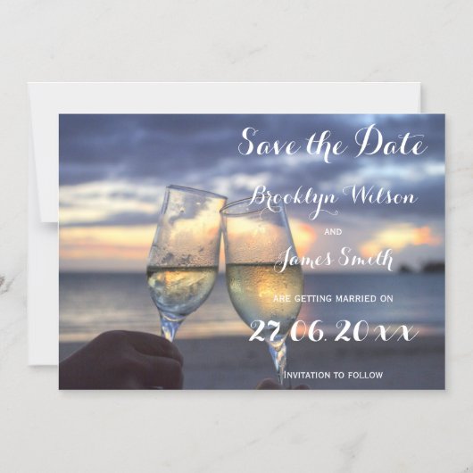 磁気の日没のビーチ結婚式の日付を保存 マグネット招待状 (正面)