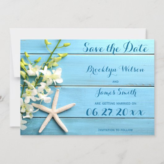 磁気スターフィッシュ結婚式の日付の蘭を保存 マグネット招待状 (正面)