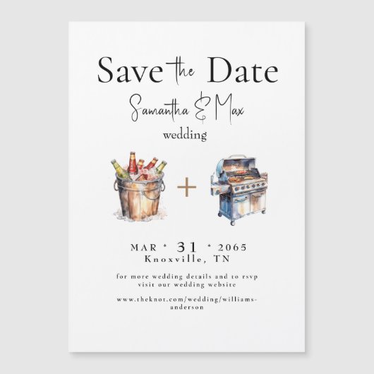 磁気ビールとBBQウェディング日付を保存 マグネット招待状 (正面)
