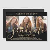 磁気フォトブラック金ゴールド卒業発表 マグネット招待状 (正面/裏面)