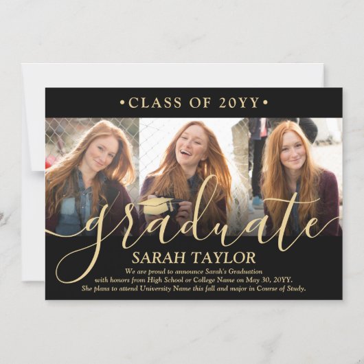 磁気フォトブラック金ゴールド卒業発表 マグネット招待状 (正面)