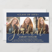 磁気フォト ネイビー＆ゴールド 卒業発表 マグネット招待状 (正面)