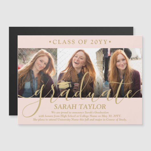 磁気写真赤面金ゴールド卒業発表 マグネット招待状 (正面/裏面)