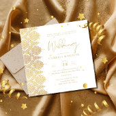 磁気金ゴールドホワイトレースエレガントウェディング招待状 マグネット招待状