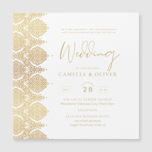 磁気金ゴールドホワイトレースエレガントウェディング招待状 マグネット招待状 (正面)