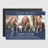 磁気3フォトネイビーブルー卒業発表 マグネット招待状 (正面/裏面)