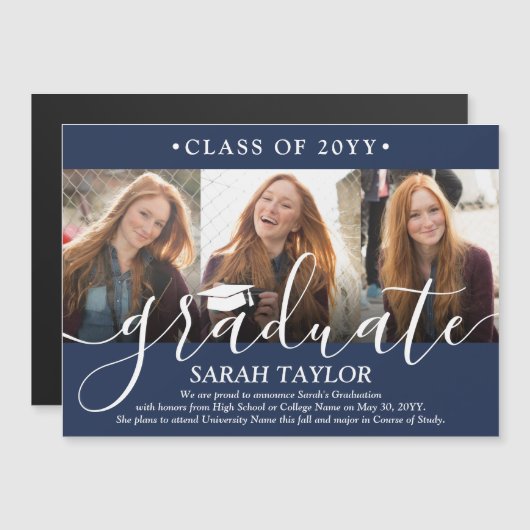 磁気3フォトネイビーブルー卒業発表 マグネット招待状 (正面/裏面)