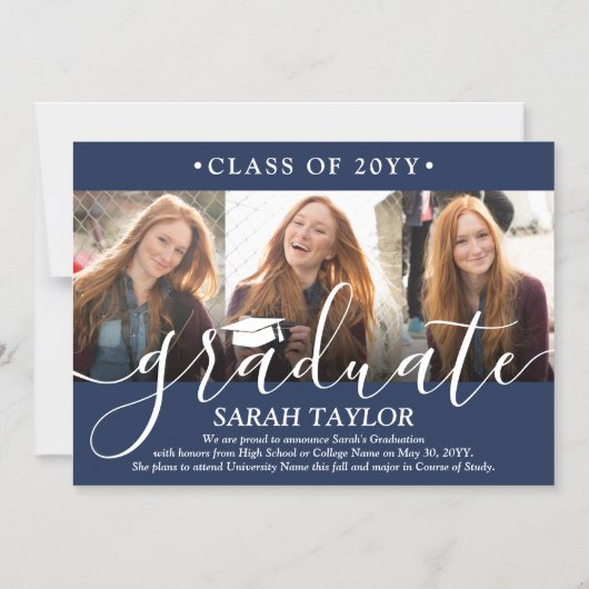 磁気3フォトネイビーブルー卒業発表 マグネット招待状 (正面)