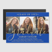 磁気3フォトブルー金ゴールド卒業発表 マグネット招待状 (正面/裏面)