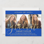 磁気3フォトブルー金ゴールド卒業発表 マグネット招待状 (正面)