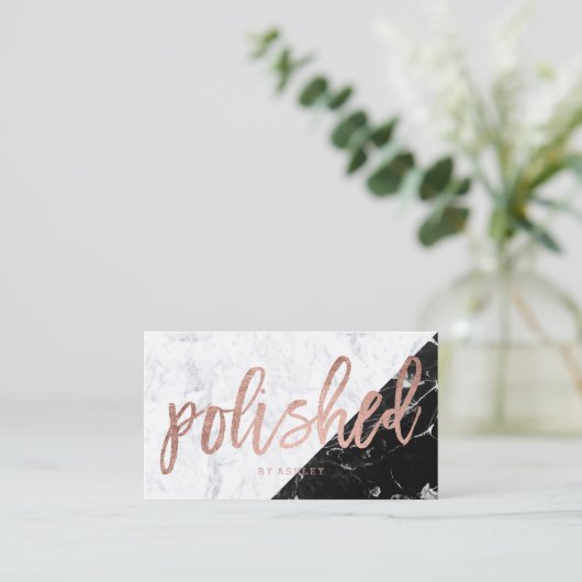 磨かれたばら色の金ゴールドのタイポグラフィの白黒の大理石 名刺 (スタンド正面)