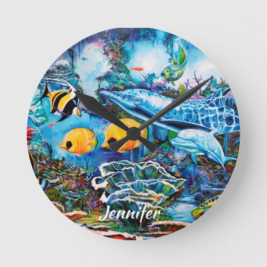 礁の近くの美しい海洋生物 ラウンド壁時計 (正面)