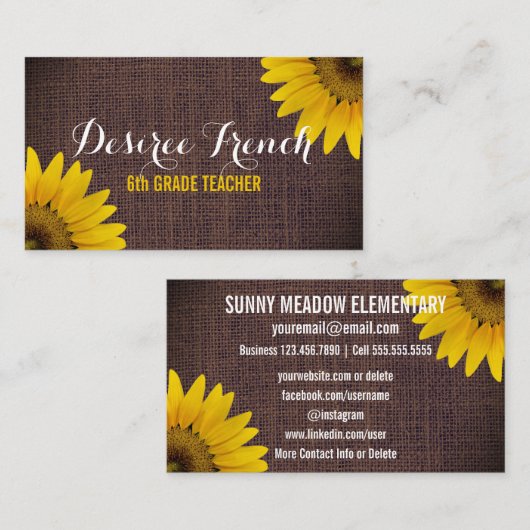 社会的な媒体|の素朴なヒマワリのバーラップの先生 名刺 (正面/裏面)