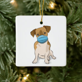 社会的距離マスクされた子犬の恋人 セラミックオーナメント