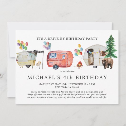 社会的距離移動ドライブバイ誕生日招待状 招待状 (正面)