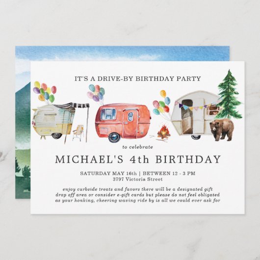 社会的距離移動ドライブバイ誕生日招待状 招待状 (正面/裏面)