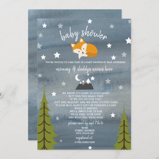 社会的離れベビーシャワーメールキツネ 招待状 (正面/裏面)