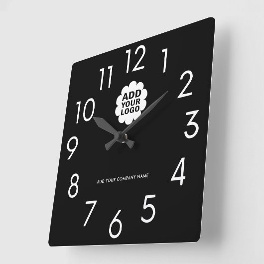 社名プロモーション付き白黒ロゴ スクエア壁時計 (傾斜)