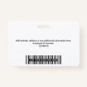 社員カスタムの写真モダン、バーコード、ロゴ、名前 バッジ (裏面)