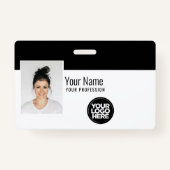 社員カスタムの写真モダン、バーコード、ロゴ、名前 バッジ (正面)